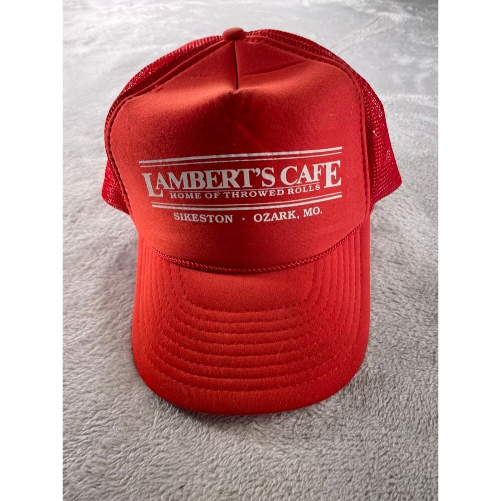 Lambert’s Cafe Sikeston Ozark Missouri "Throwed Rolls” Red Trucker Hat